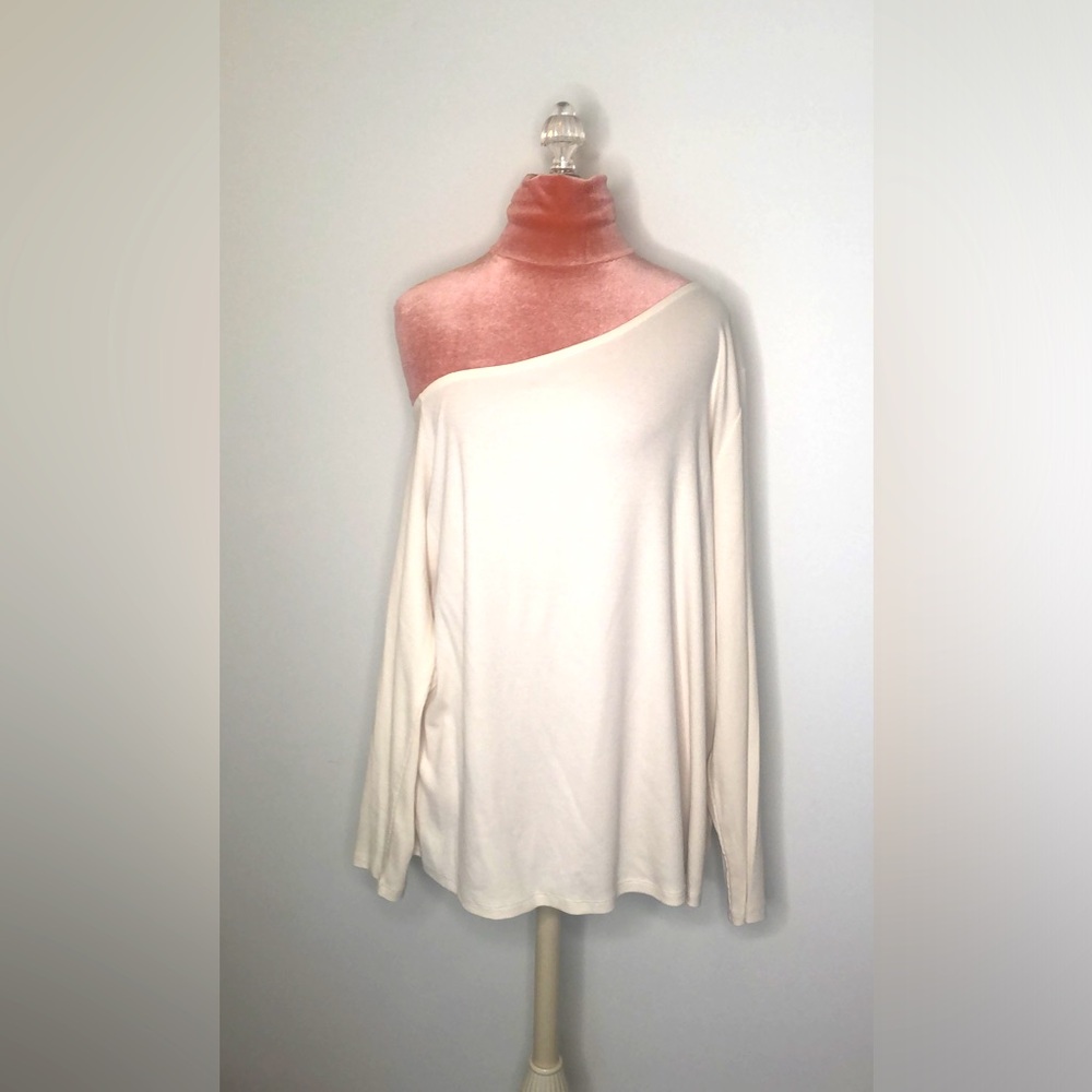 A New Day One Shoulder Ribbed Knit Long Sleeve Top Cream Plus Size 3X